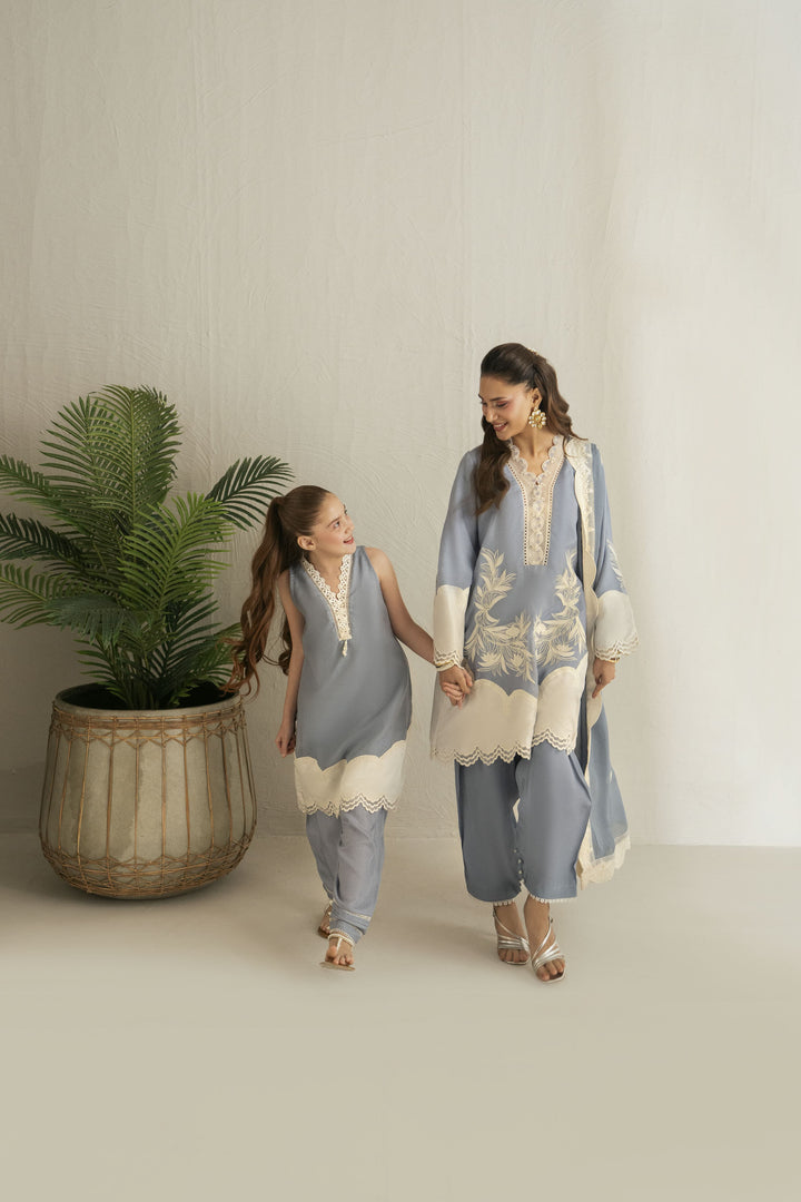 Shehrnaz - Khaadi Net Sky Mist Embroidered Suit For Women - Light Blue