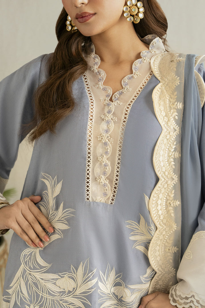 Shehrnaz - Khaadi Net Sky Mist Embroidered Suit For Women - Light Blue