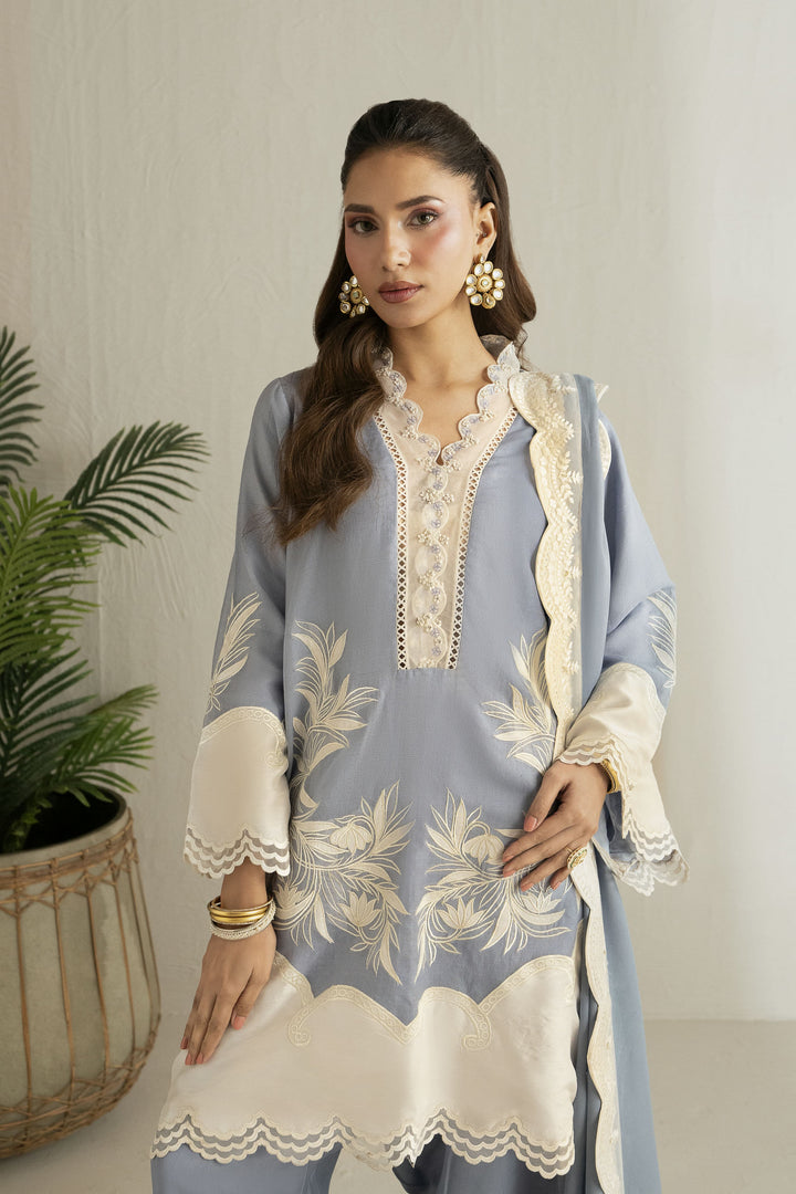 Shehrnaz - Khaadi Net Sky Mist Embroidered Suit For Women - Light Blue