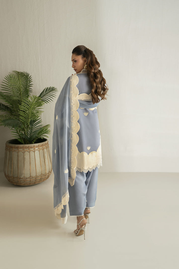 Shehrnaz - Khaadi Net Sky Mist Embroidered Suit For Women - Light Blue