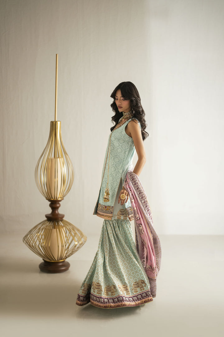 Shehrnaz - Chiffon Mint Mirage Lehenga Set For Women - Ferozi