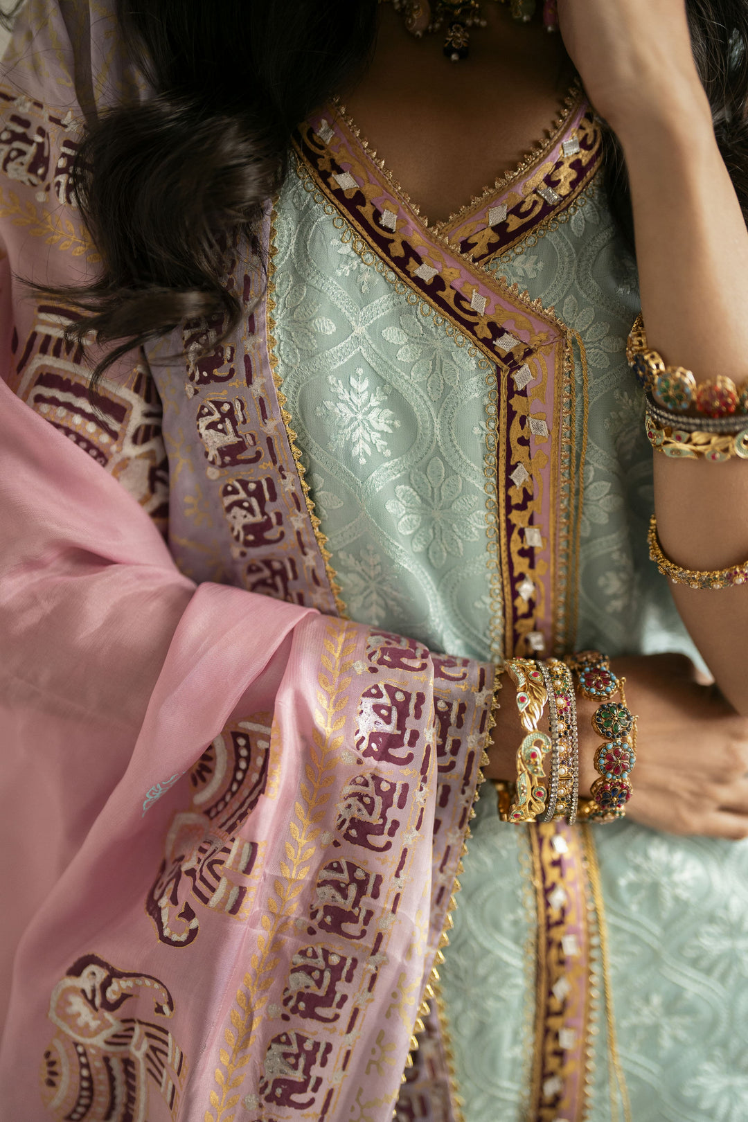 Shehrnaz - Chiffon Mint Mirage Lehenga Set For Women - Ferozi