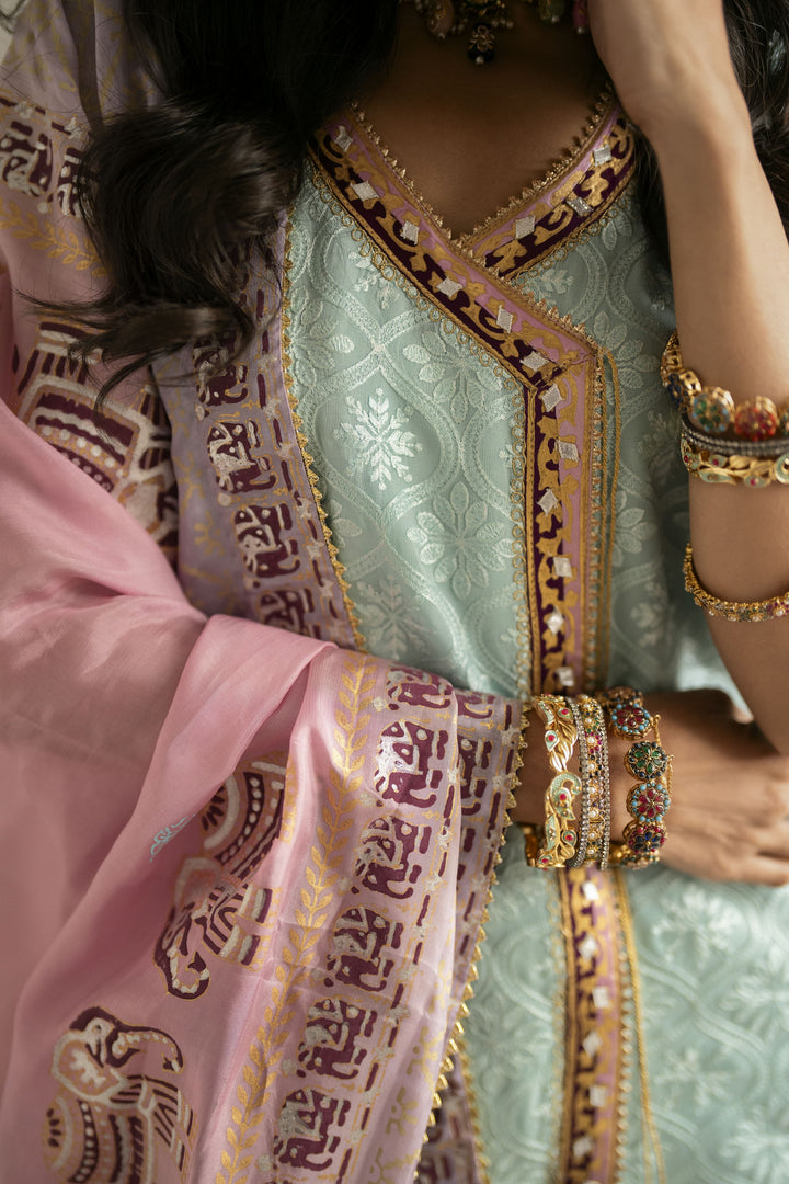 Shehrnaz - Chiffon Mint Mirage Lehenga Set For Women - Ferozi