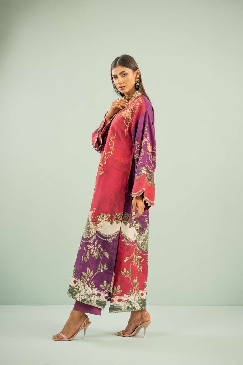 Shamaeel - Crimson Luxe Viscose Silk Suit For Women - Pink & Purple - 2 Piece