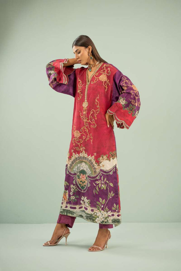 Shamaeel - Crimson Luxe Viscose Silk Suit For Women - Pink & Purple - 2 Piece