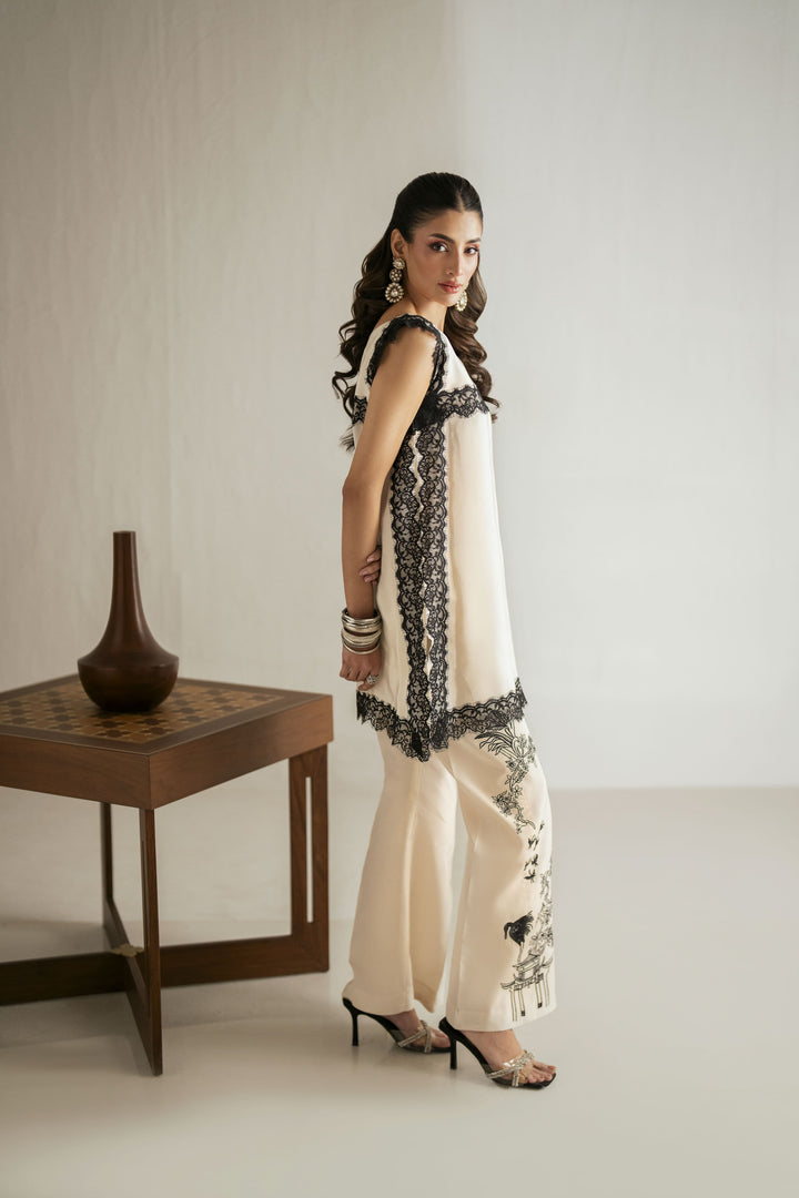 Shehrnaz - Russain Silk Ivory Inkline Co-Ord Set For Women - Off-White