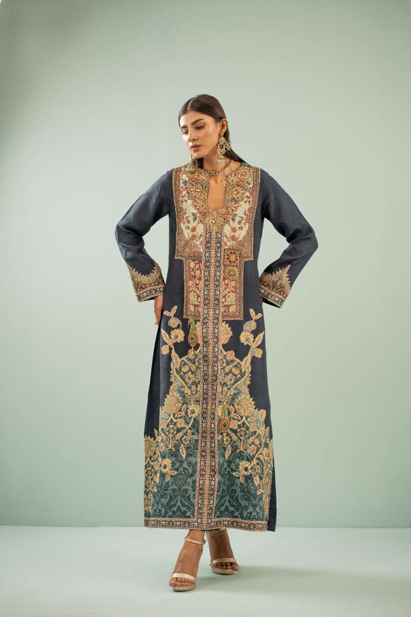 Shamaeel - Mystic Mughal Viscose Silk Suit For Women - Navy Blue - 2 Piece