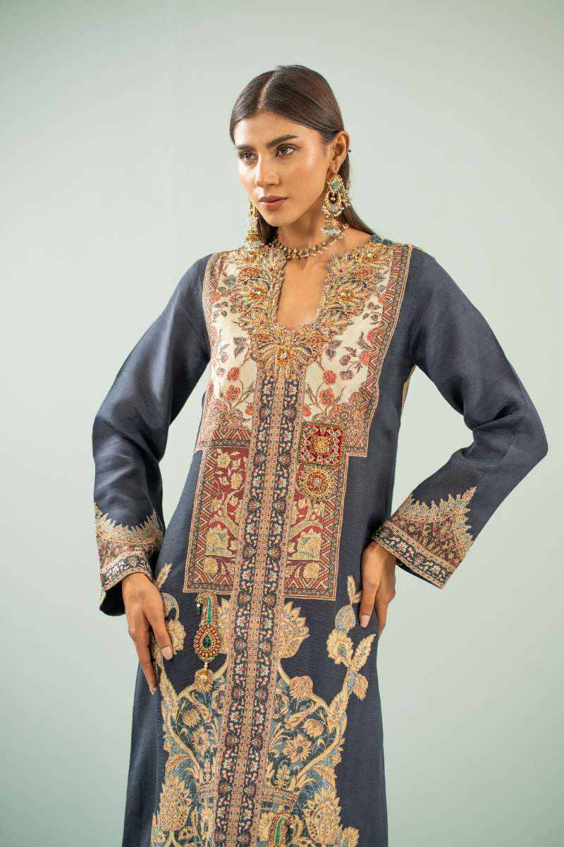 Shamaeel - Mystic Mughal Viscose Silk Suit For Women - Navy Blue - 2 Piece