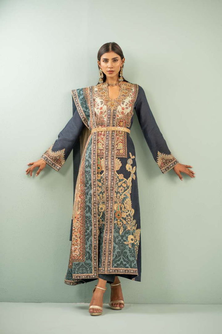 Shamaeel - Mystic Mughal Viscose Silk Suit For Women - Navy Blue - 2 Piece
