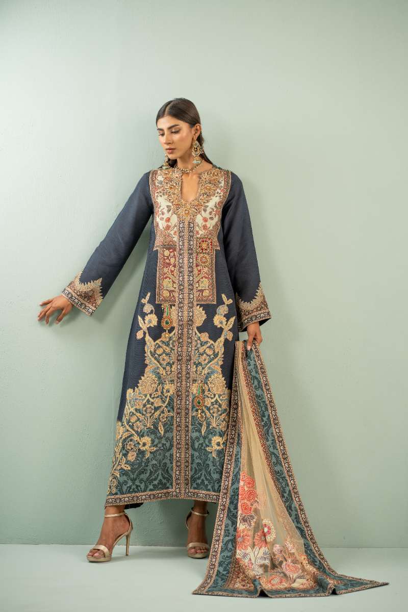 Shamaeel - Mystic Mughal Viscose Silk Suit For Women - Navy Blue - 2 Piece