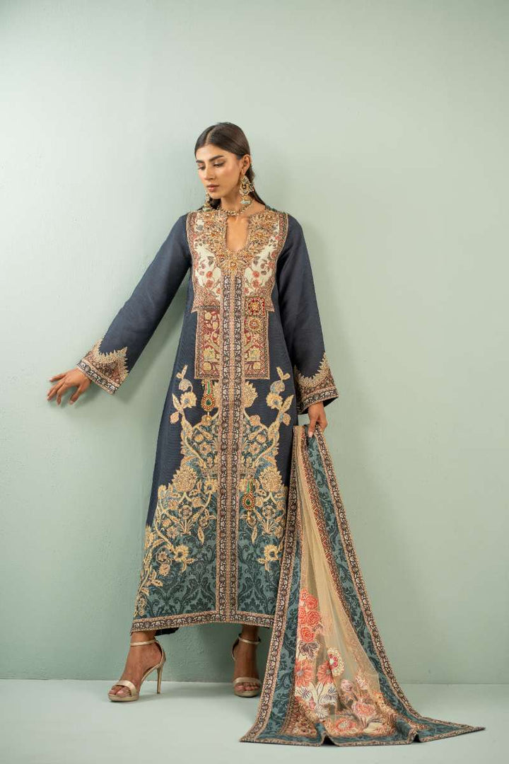 Shamaeel - Mystic Mughal Viscose Silk Suit For Women - Navy Blue - 2 Piece