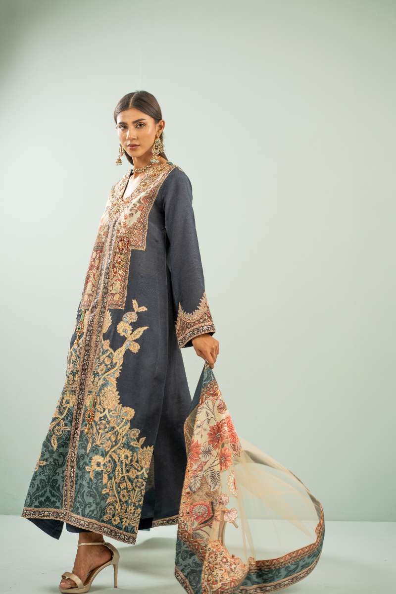 Shamaeel - Mystic Mughal Viscose Silk Suit For Women - Navy Blue - 2 Piece