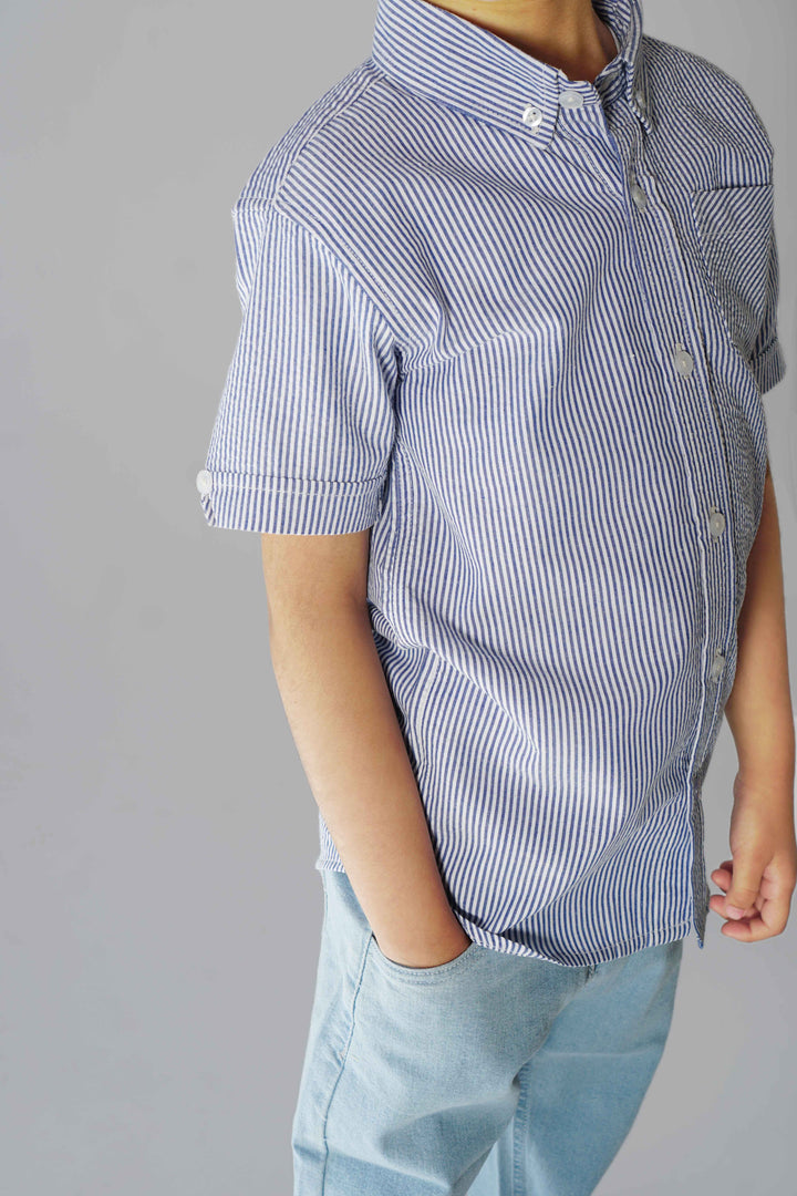 Hummingbirdspk - Ice Blue & White cotton Striped Shirt - 1 piece