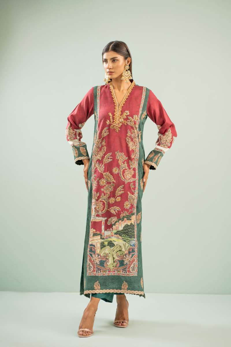 Shamaeel - Rosewood Scenic Suit Viscose Silk Suit For Women - Maroon & Green - 2 Piece