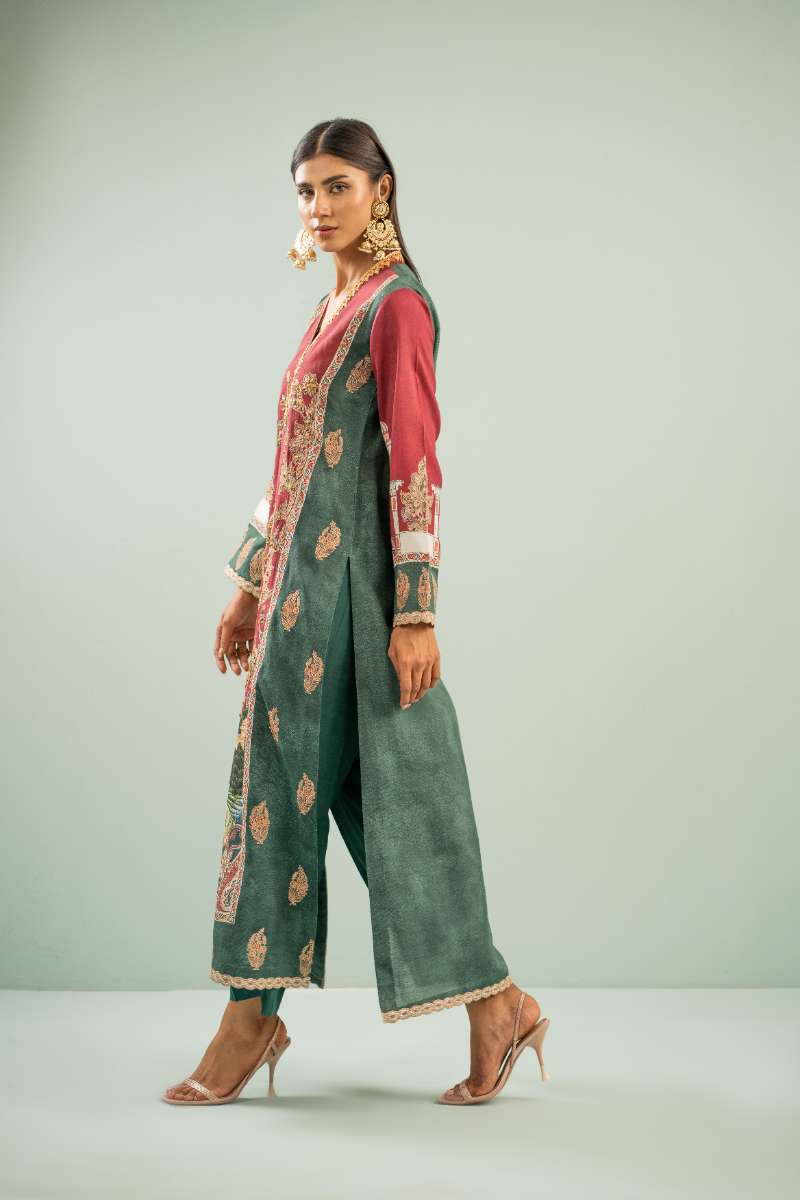 Shamaeel - Rosewood Scenic Suit Viscose Silk Suit For Women - Maroon & Green - 2 Piece