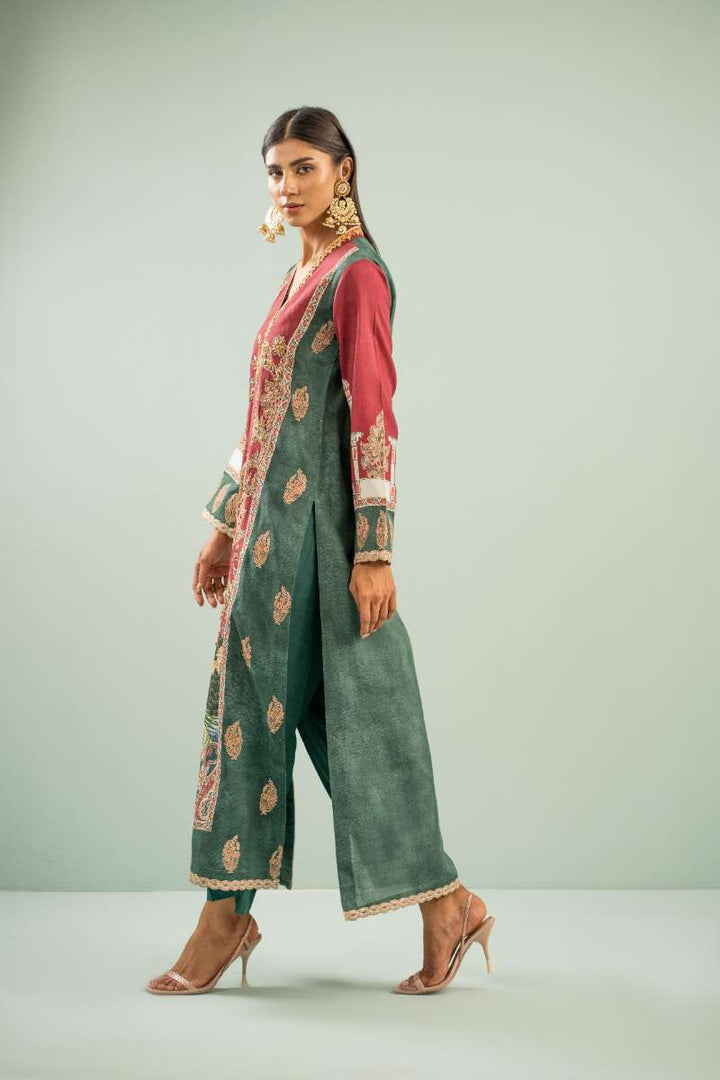 Shamaeel - Rosewood Scenic Suit Viscose Silk Suit For Women - Maroon & Green - 2 Piece