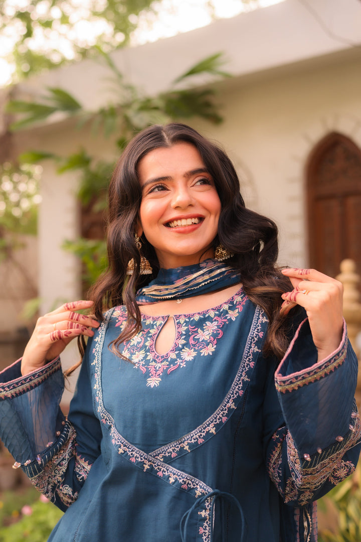 Omal by Komal - Warsha - Teal - Lawn & Chiffon - 3 Piece