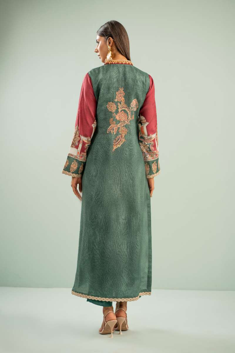 Shamaeel - Rosewood Scenic Suit Viscose Silk Suit For Women - Maroon & Green - 2 Piece