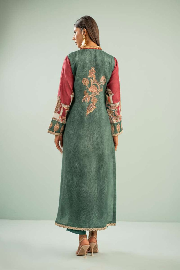 Shamaeel - Rosewood Scenic Suit Viscose Silk Suit For Women - Maroon & Green - 2 Piece