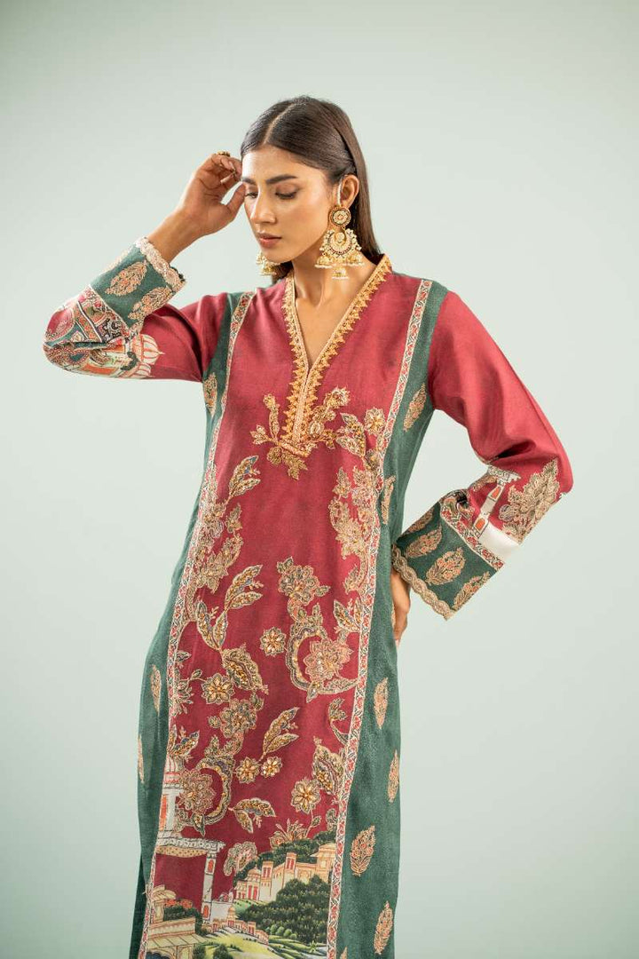 Shamaeel - Rosewood Scenic Suit Viscose Silk Suit For Women - Maroon & Green - 2 Piece