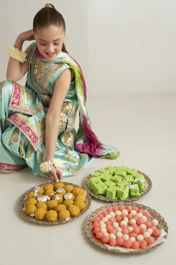 Shehrnaz - Silk Ferozi Block Angrakha & Gharara Set For Girl - Ferozi Blue