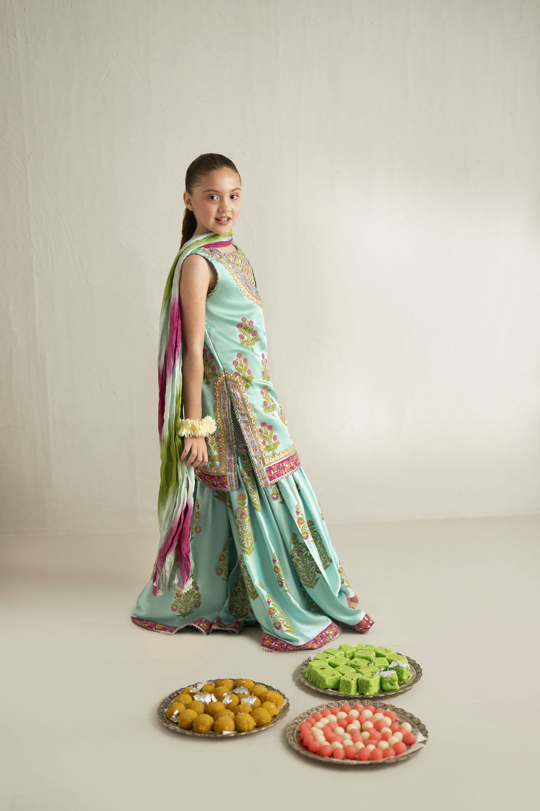 Shehrnaz - Silk Ferozi Block Angrakha & Gharara Set For Girl - Ferozi Blue