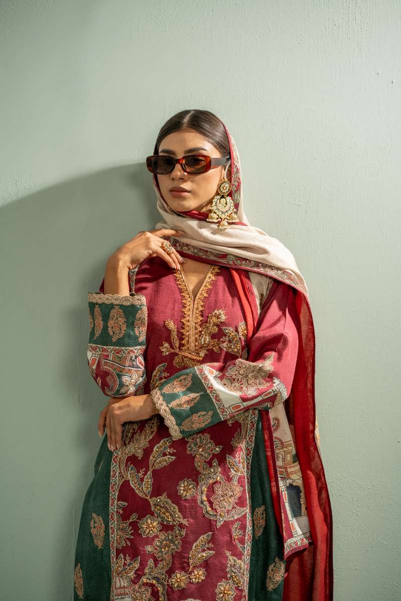 Shamaeel - Rosewood Scenic Suit Viscose Silk Suit For Women - Maroon & Green - 2 Piece