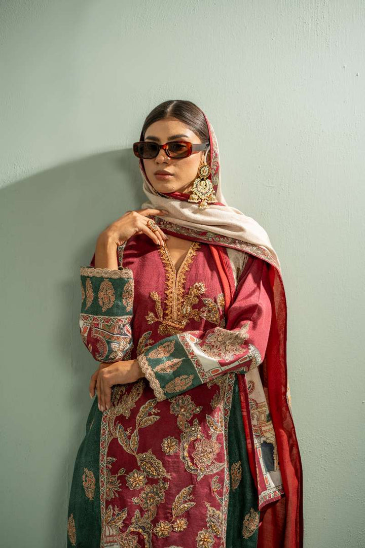 Shamaeel - Rosewood Scenic Suit Viscose Silk Suit For Women - Maroon & Green - 2 Piece