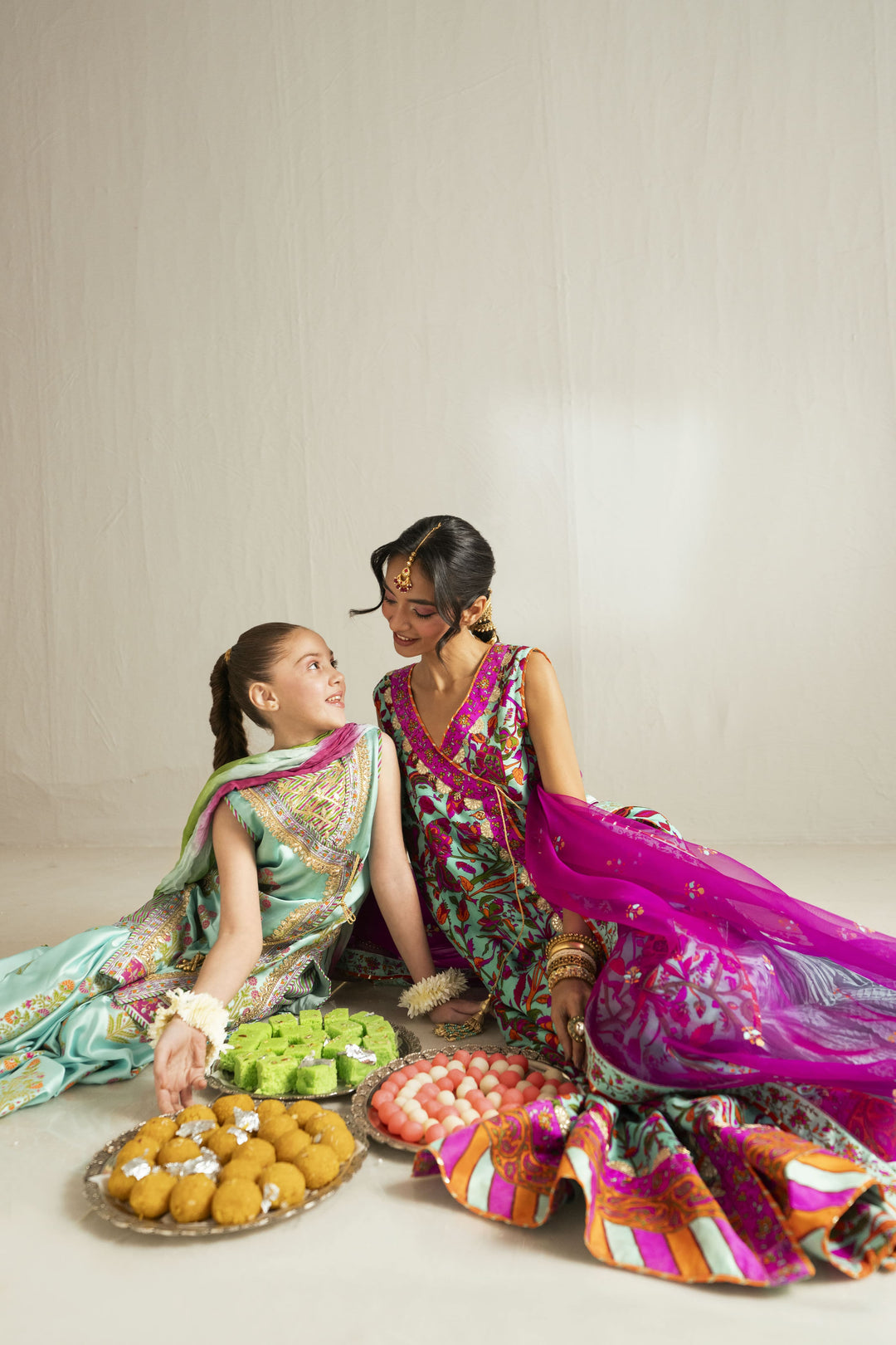 Shehrnaz - Silk Ferozi Block Angrakha & Gharara Set For Girl - Ferozi Blue