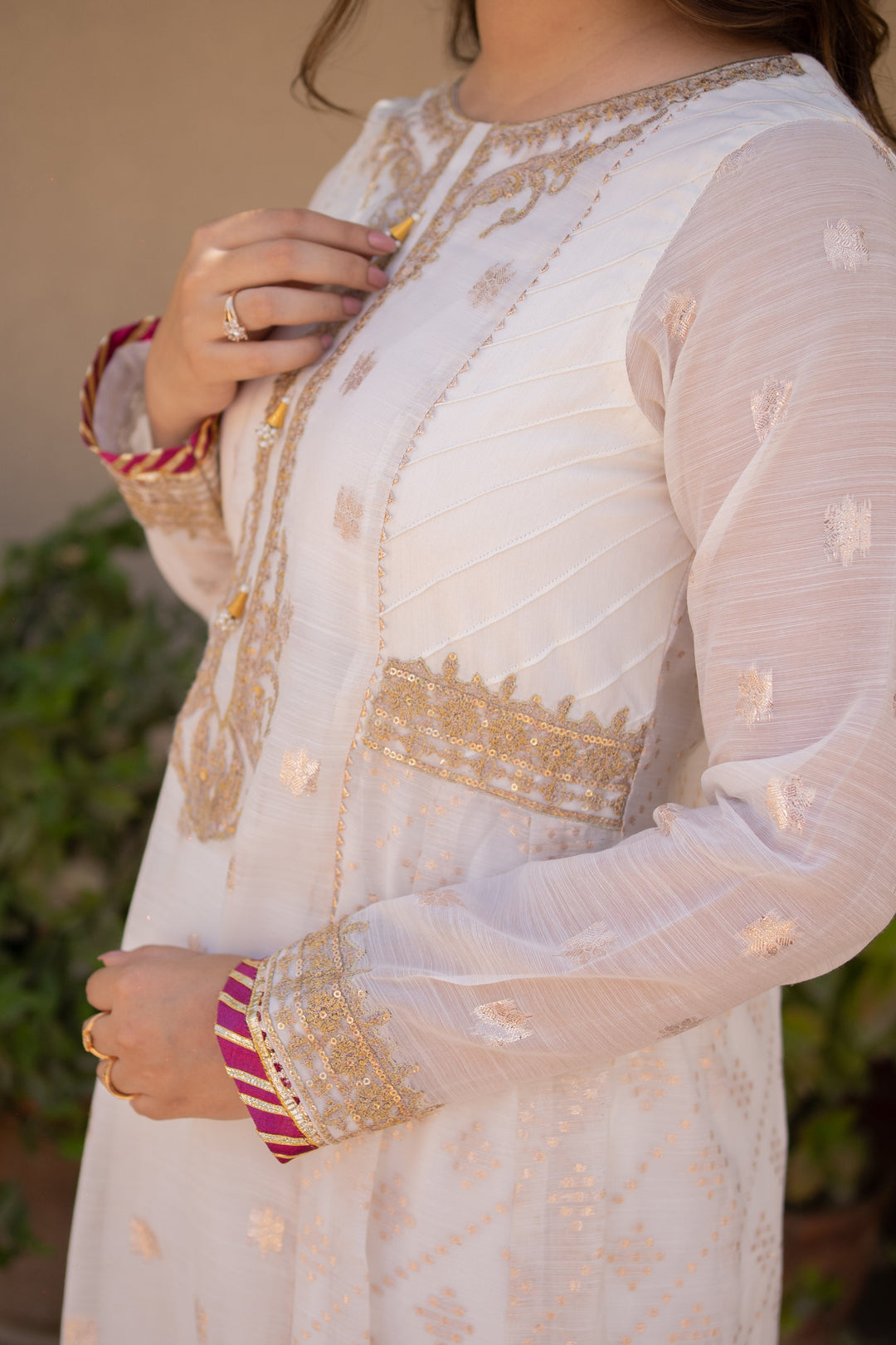 Omal by Komal - CHANDNI (Frock & Dupatta) - White - Banarsi Paper Cotton & Organza - 2 Piece