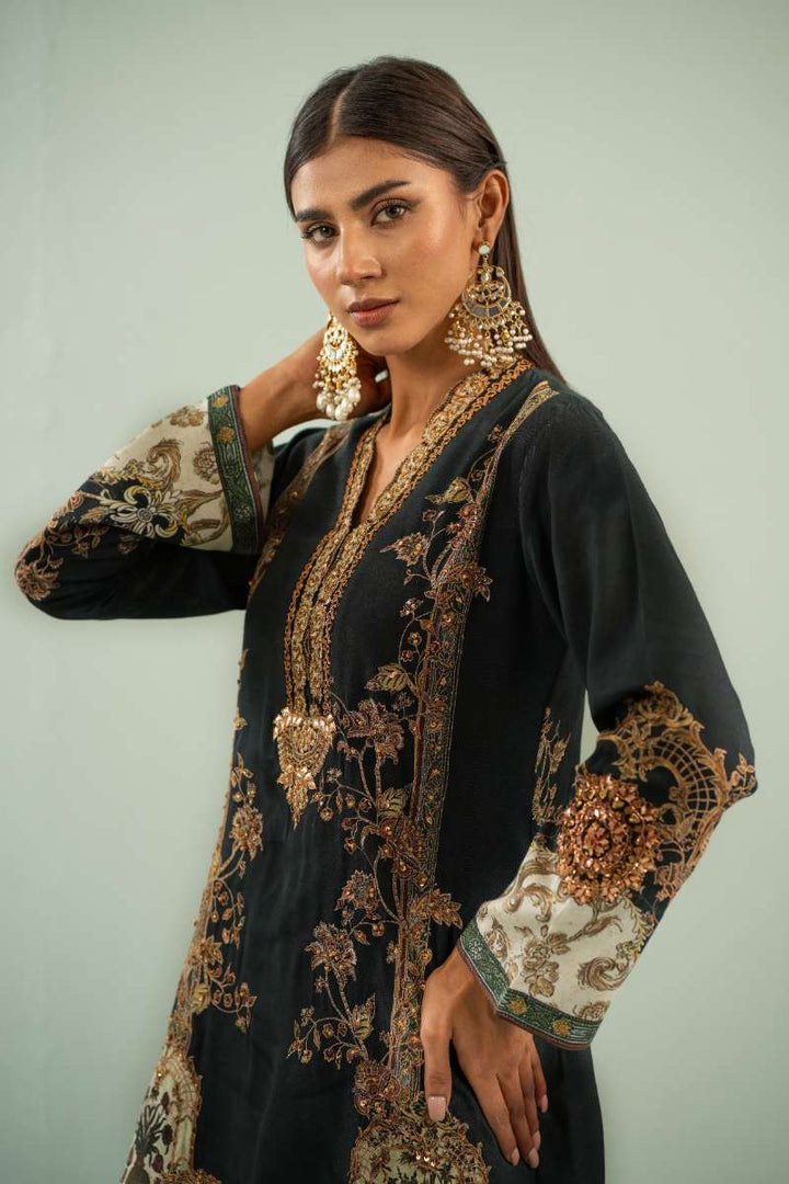 Shamaeel - Deep Charcoal Chic Viscose Silk Suit For Women - Charcoal - 2 Piece