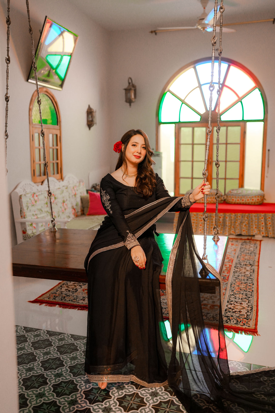 Omal by Komal - SAAYA - Chiffon & Raw Silk - Black