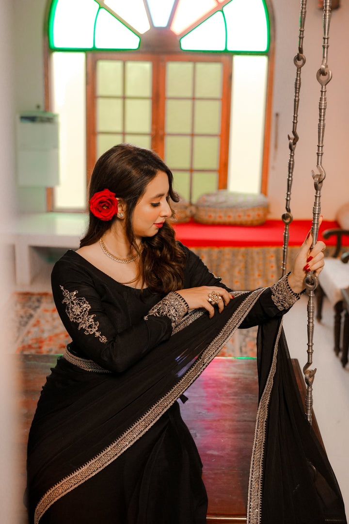 Omal by Komal - SAAYA - Chiffon & Raw Silk - Black