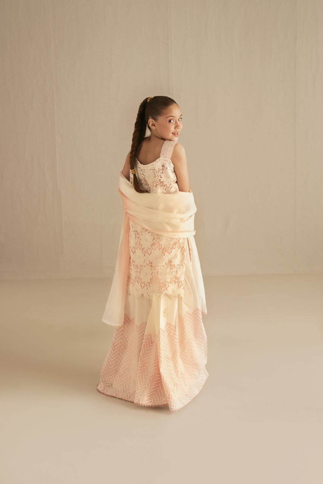 Shehrnaz - Chikan / Cotton Ivory Stripe & Blossom Set For Girl - White