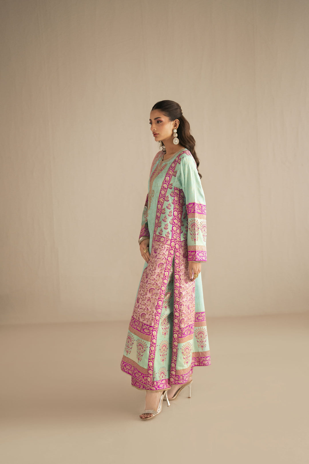 Shehrnaz - Pure Medium Silk Celadon Rose Gulbahar Suit For Women - Mint Green & Fuchsia