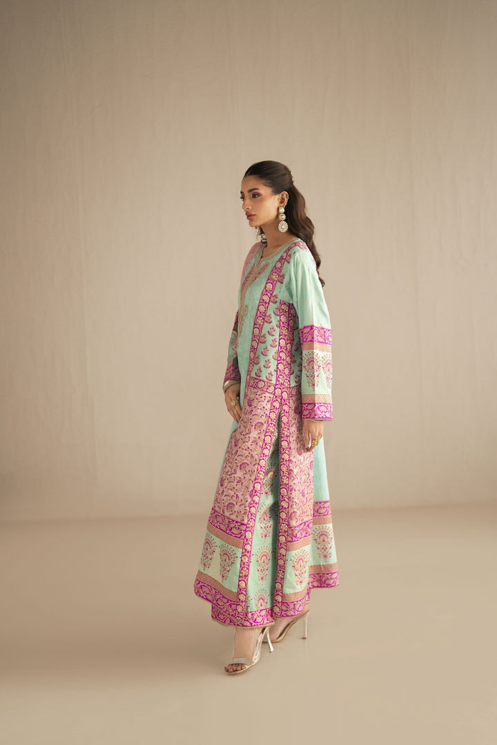 Shehrnaz - Pure Medium Silk Celadon Rose Gulbahar Suit For Women - Mint Green & Fuchsia