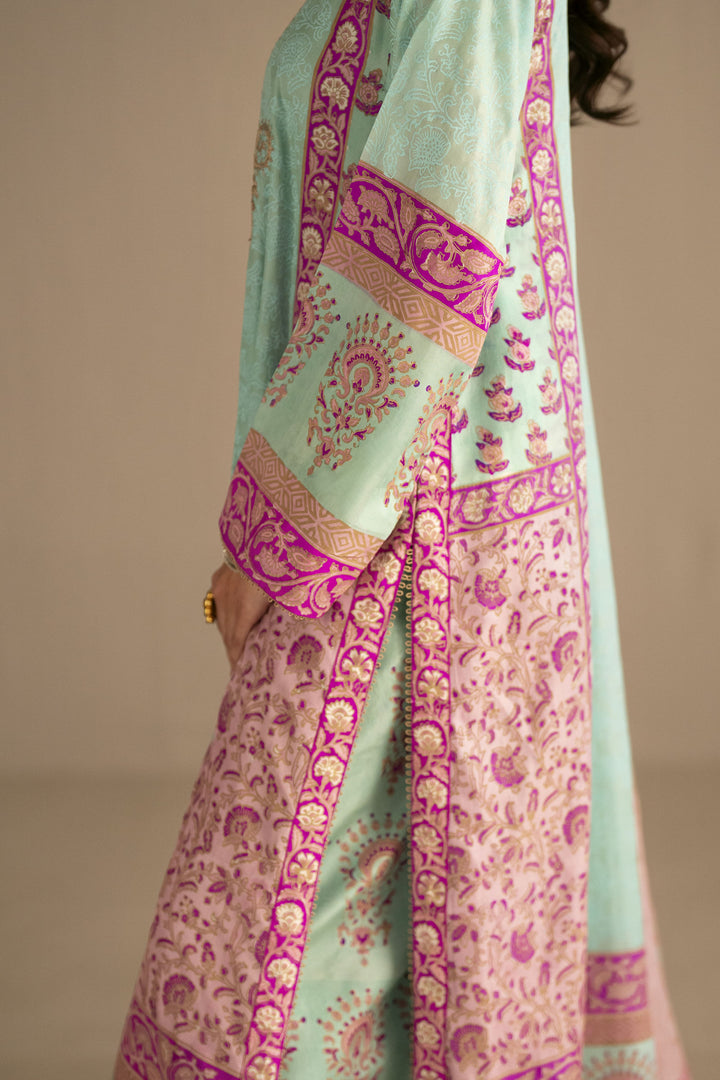 Shehrnaz - Pure Medium Silk Celadon Rose Gulbahar Suit For Women - Mint Green & Fuchsia