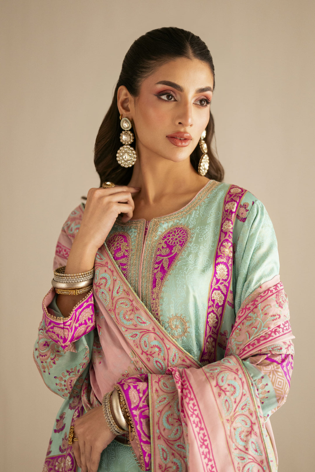 Shehrnaz - Pure Medium Silk Celadon Rose Gulbahar Suit For Women - Mint Green & Fuchsia