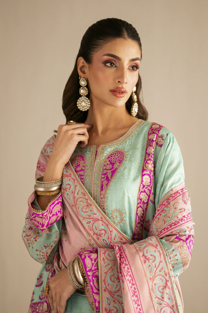 Shehrnaz - Pure Medium Silk Celadon Rose Gulbahar Suit For Women - Mint Green & Fuchsia