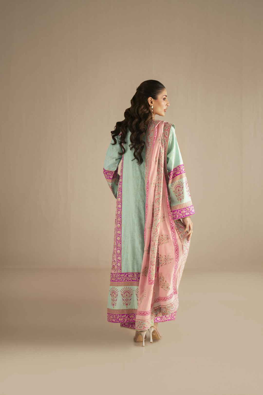 Shehrnaz - Pure Medium Silk Celadon Rose Gulbahar Suit For Women - Mint Green & Fuchsia