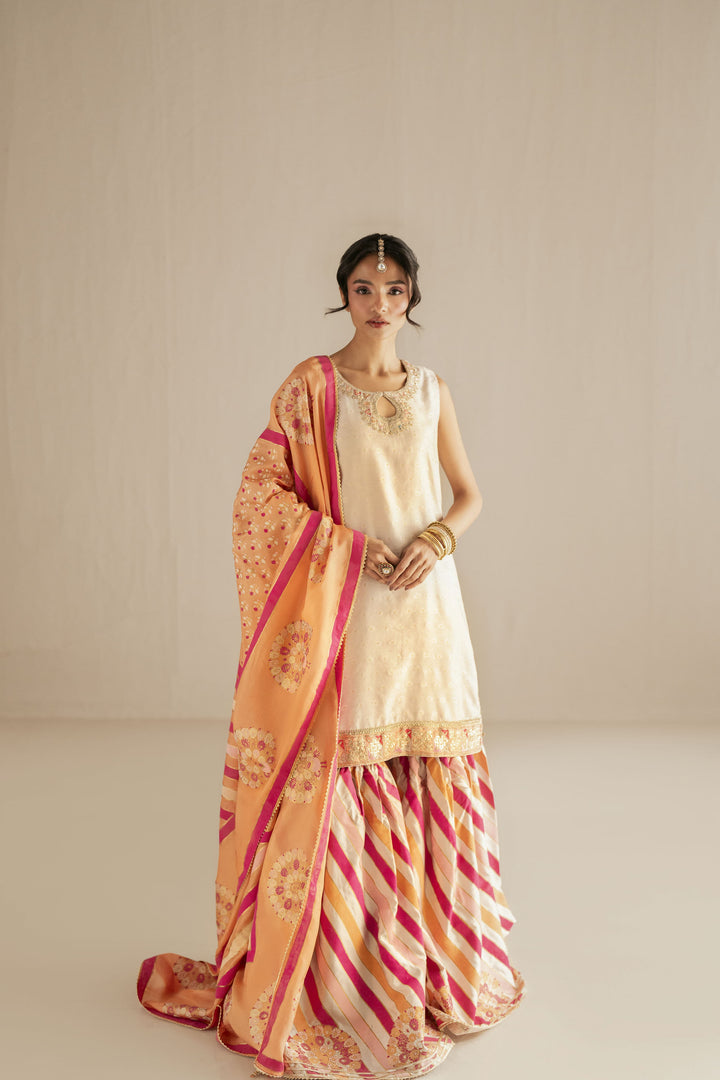 Shehrnaz - Zarri Cotton Net Tangerine Dusk Ensemble For Women - Beige