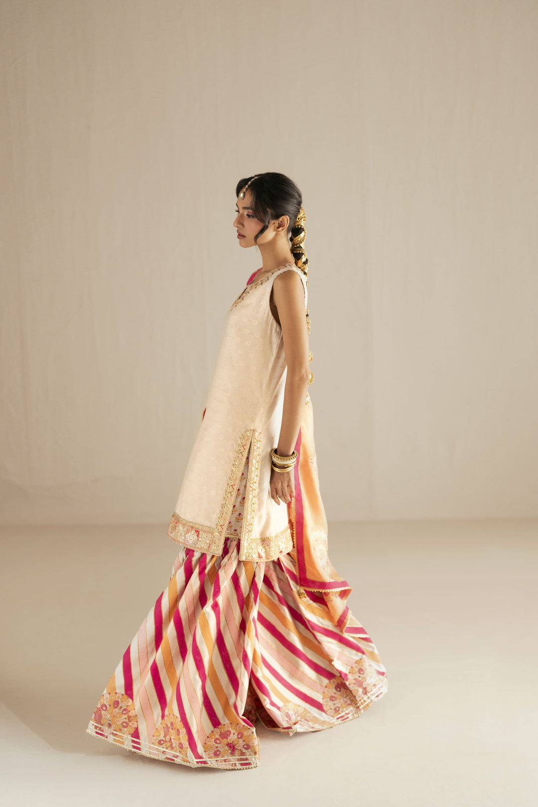 Shehrnaz - Zarri Cotton Net Tangerine Dusk Ensemble For Women - Beige