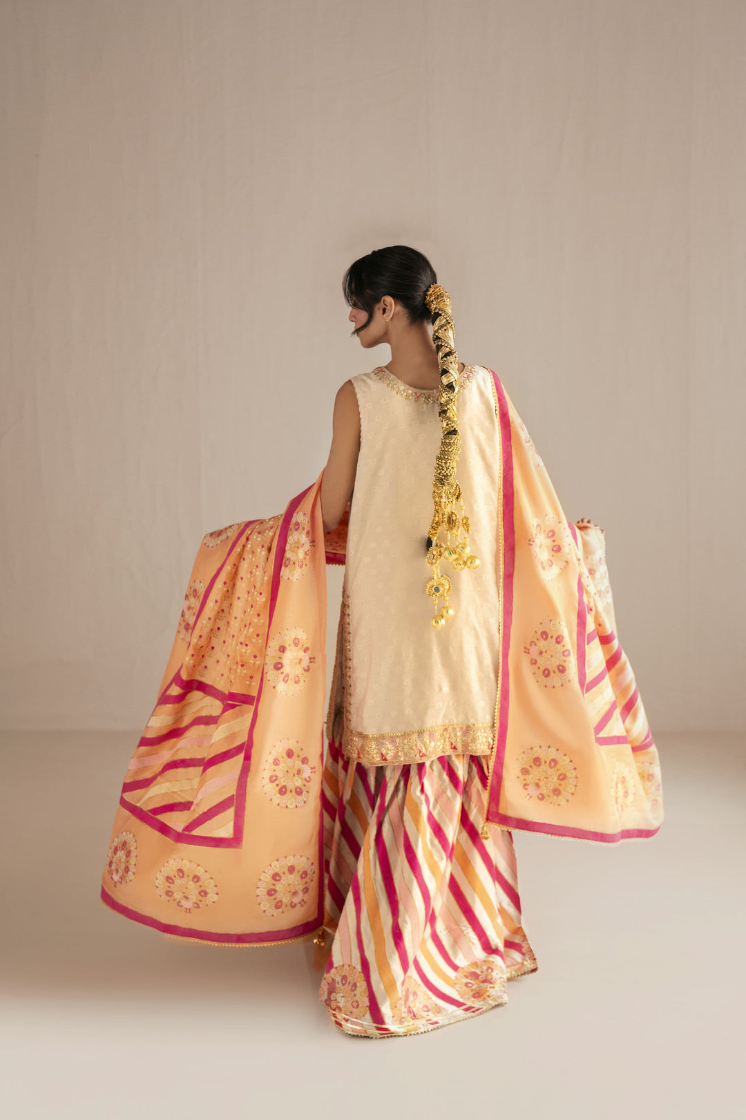 Shehrnaz - Zarri Cotton Net Tangerine Dusk Ensemble For Women - Beige