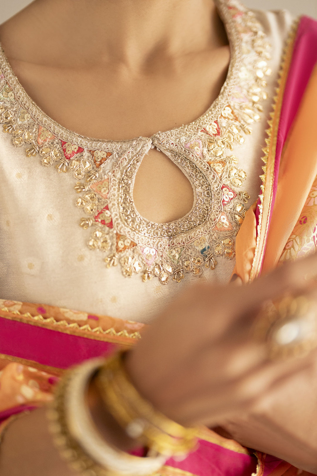 Shehrnaz - Zarri Cotton Net Tangerine Dusk Ensemble For Women - Beige