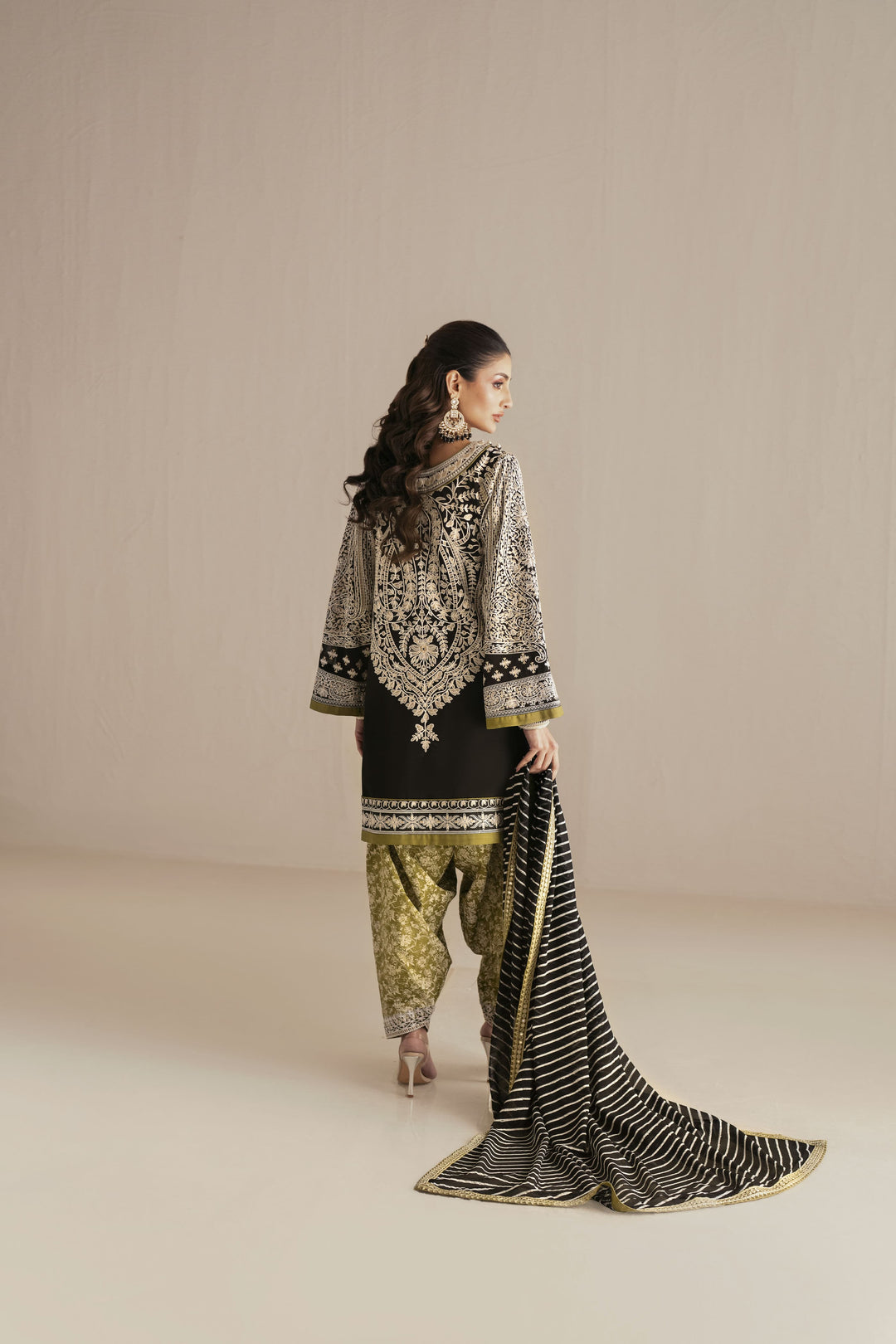 Shehrnaz - Chiffon Obsidian Citron Stripe Kurta Set For Women - Black