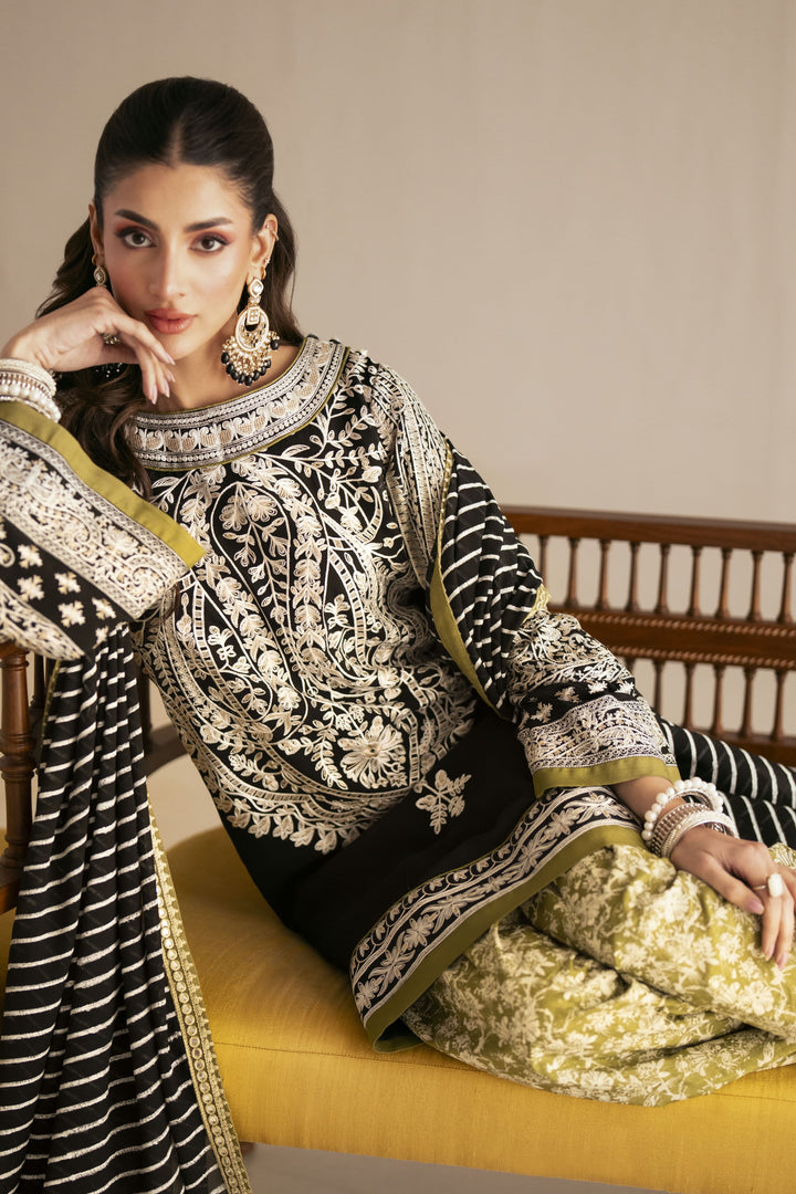 Shehrnaz - Chiffon Obsidian Citron Stripe Kurta Set For Women - Black