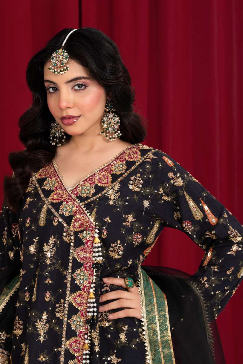 Zaaviay - Midnight Mirage Angarkha Silk Suit For Women - Black - 3 Piece