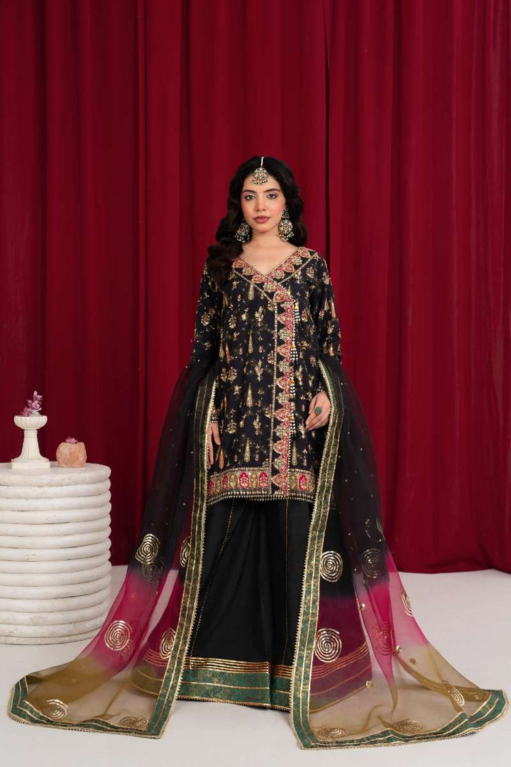 Zaaviay - Midnight Mirage Angarkha Silk Suit For Women - Black - 3 Piece