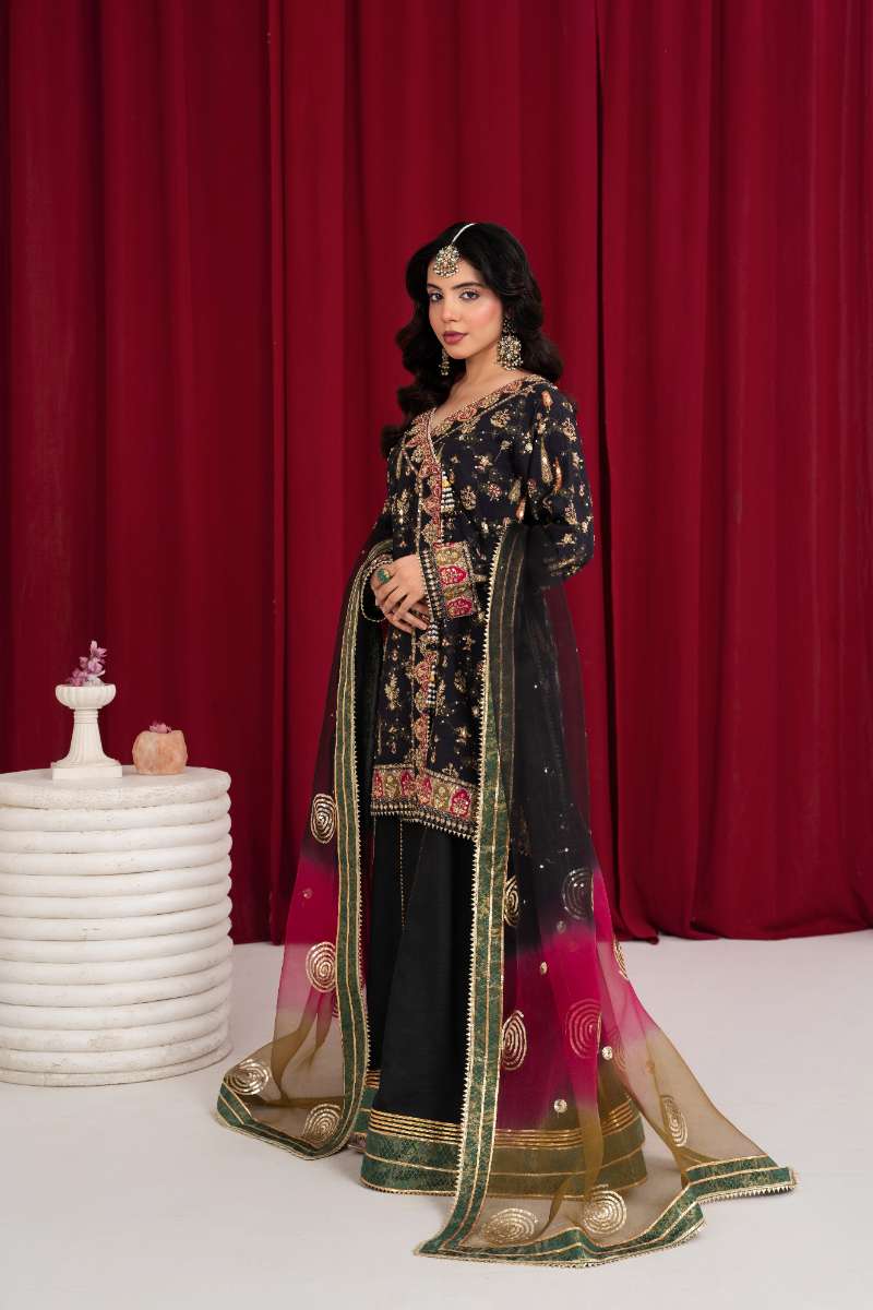 Zaaviay - Midnight Mirage Angarkha Silk Suit For Women - Black - 3 Piece