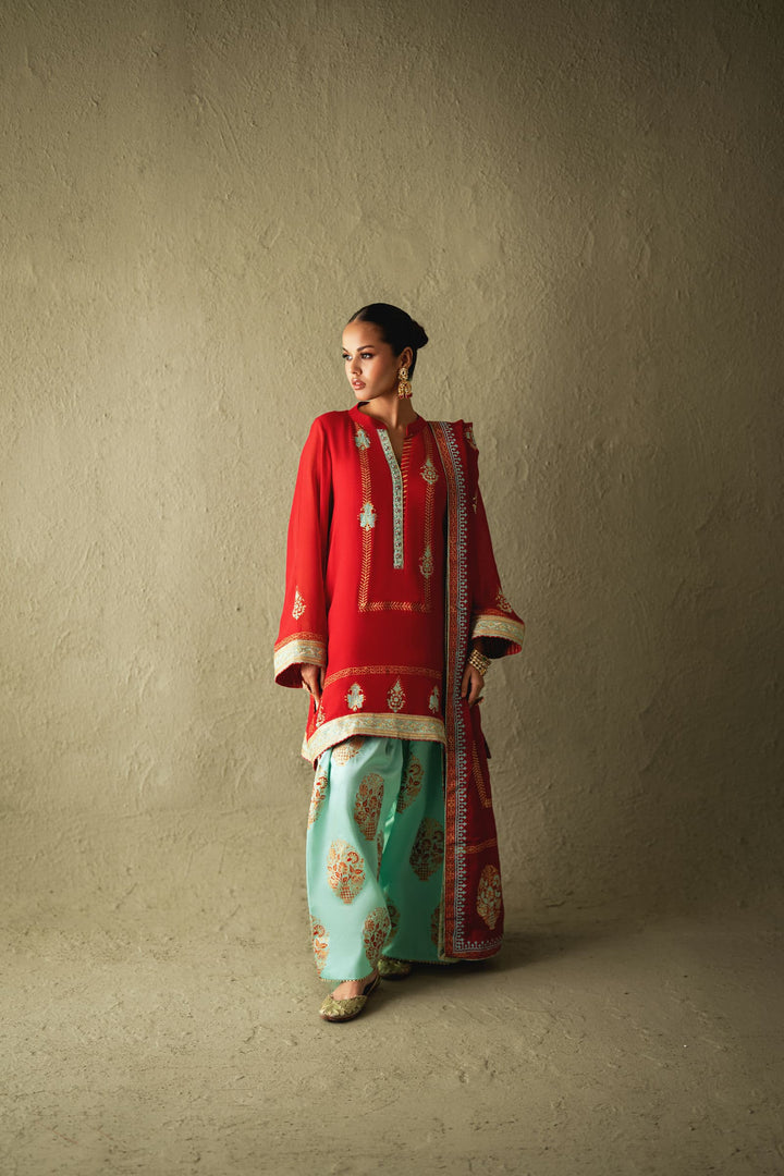 Shehrnaz - Ravya Red Chiffon Block-Print Set - SHK-1600 - Red - chiffon - 3 Piece